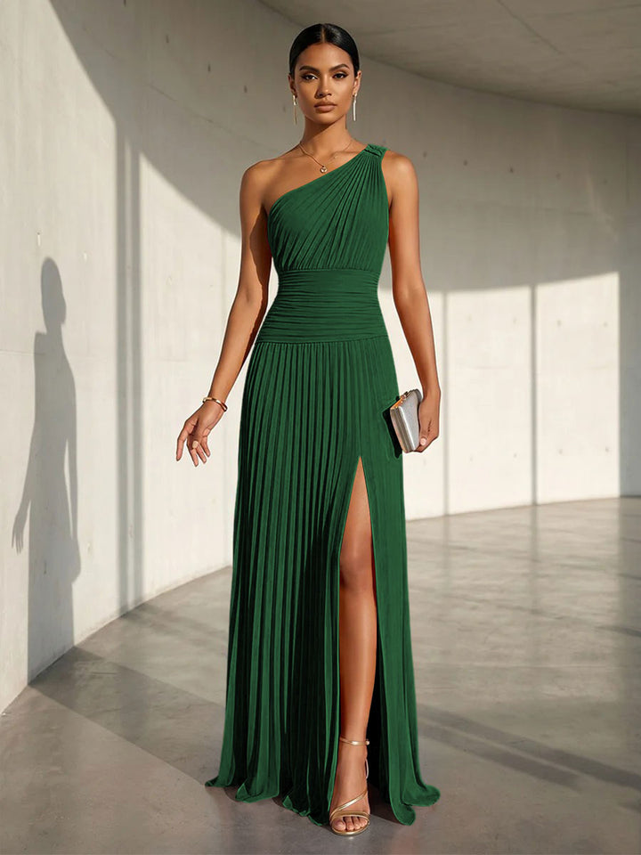 Chiffon A Line One Shoulder Slit Formal Dresses