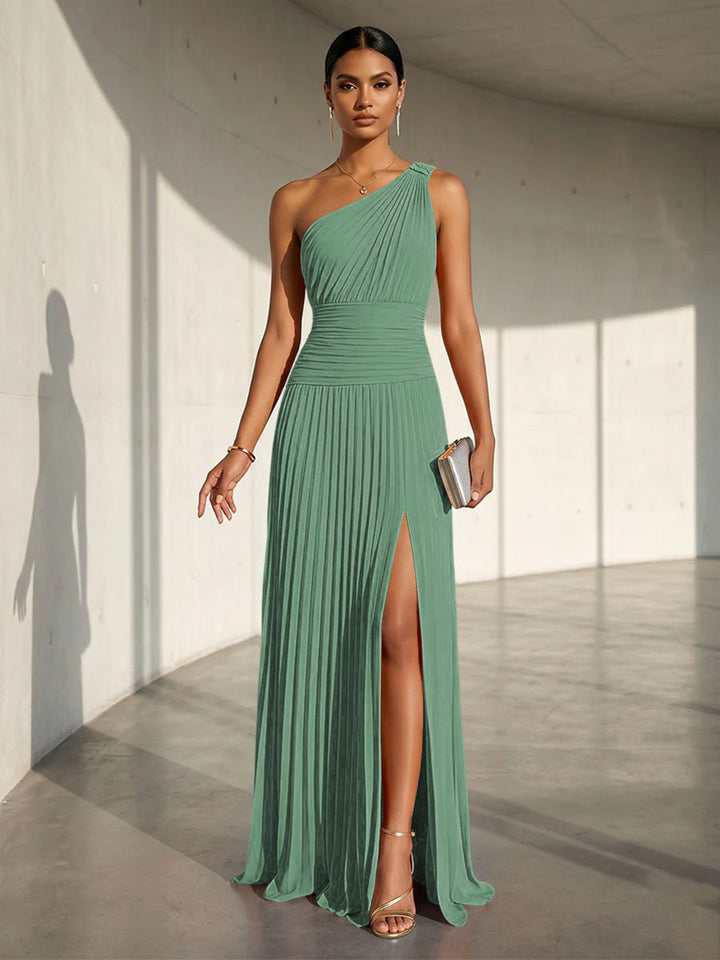 Chiffon A Line One Shoulder Slit Formal Dresses