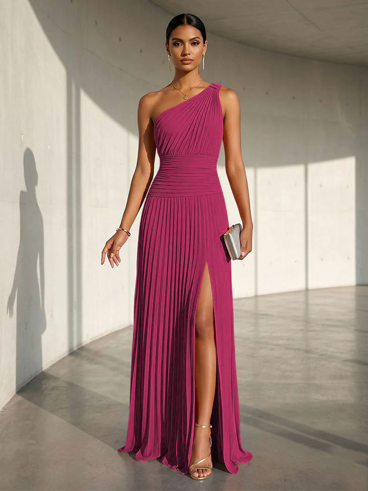 Chiffon A Line One Shoulder Slit Formal Dresses