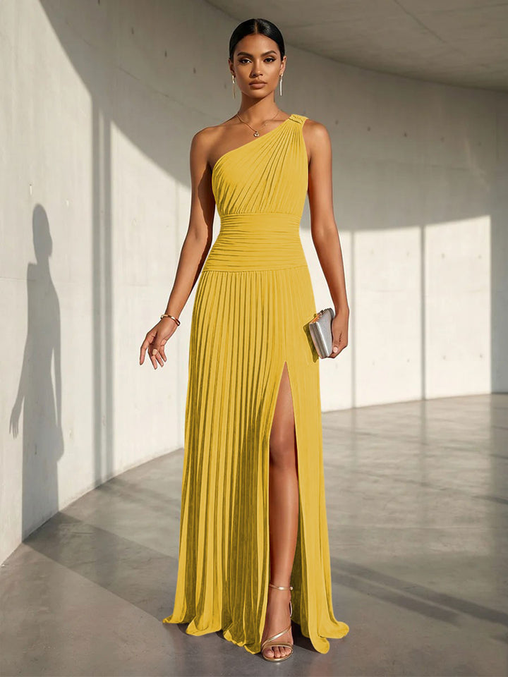 Chiffon A Line One Shoulder Slit Formal Dresses