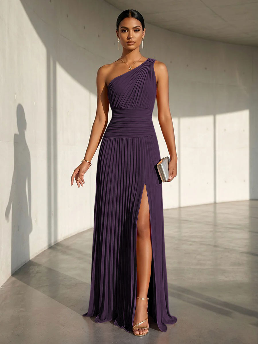 Chiffon A Line One Shoulder Slit Formal Dresses