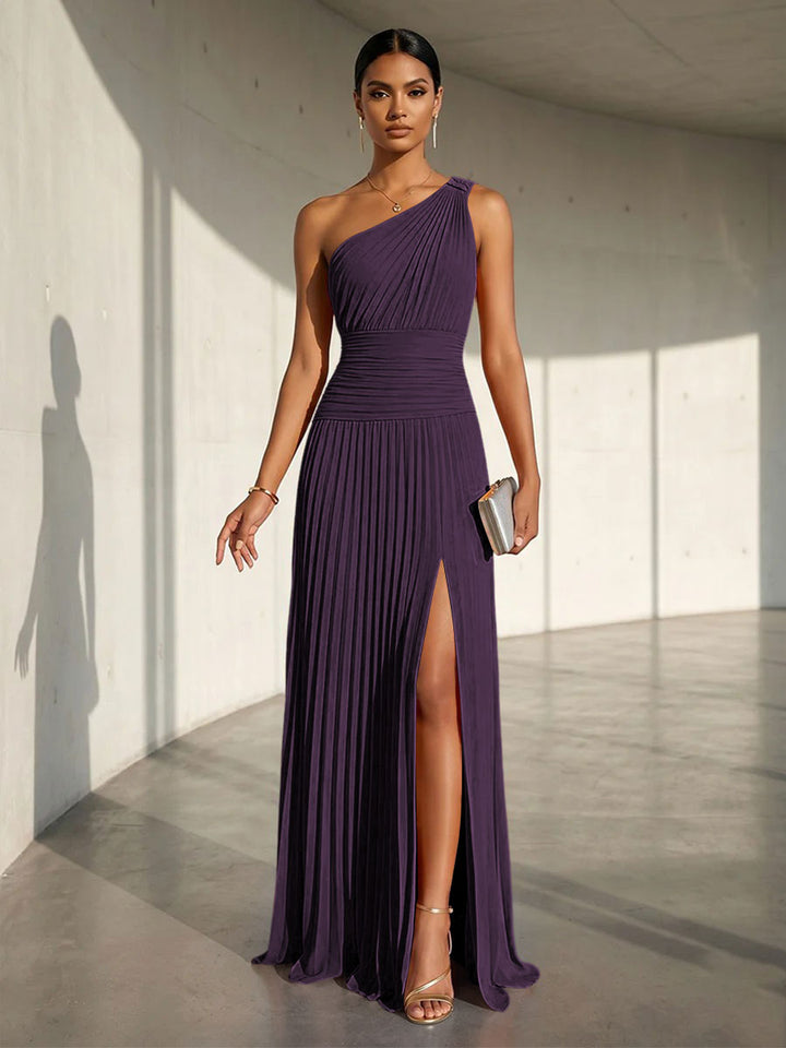 Chiffon A Line One Shoulder Slit Formal Dresses