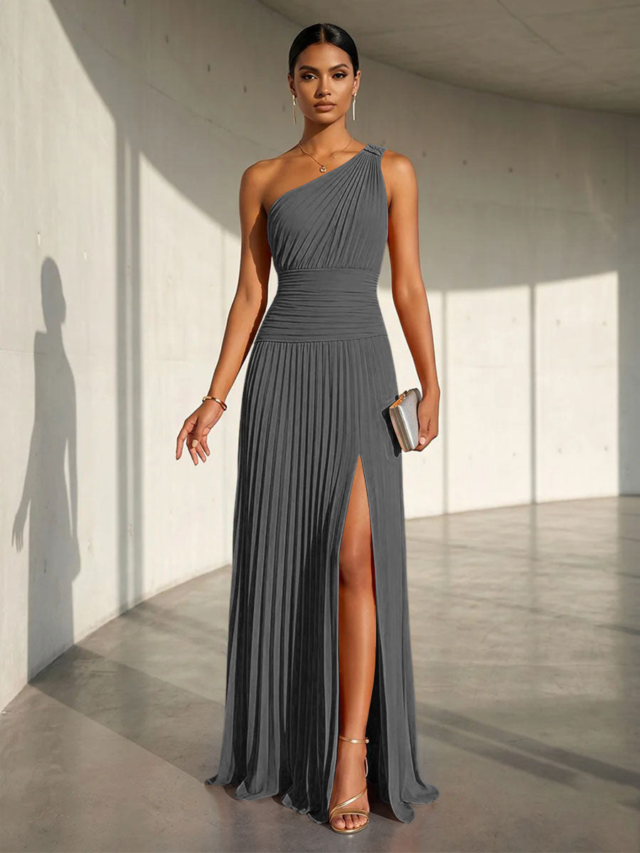 Chiffon A Line One Shoulder Slit Formal Dresses