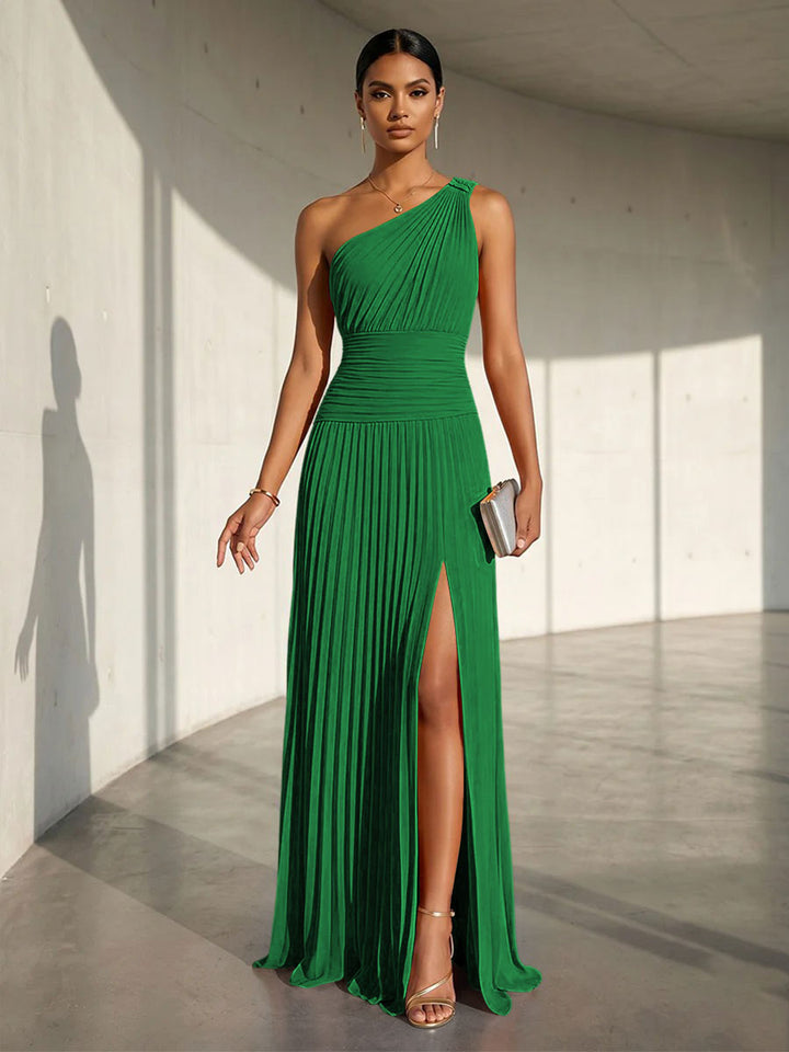 Chiffon A Line One Shoulder Slit Formal Dresses