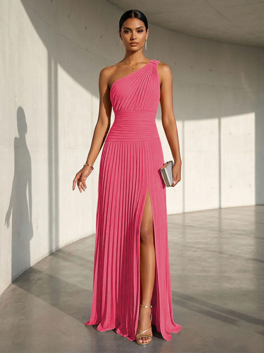 Chiffon A Line One Shoulder Slit Formal Dresses