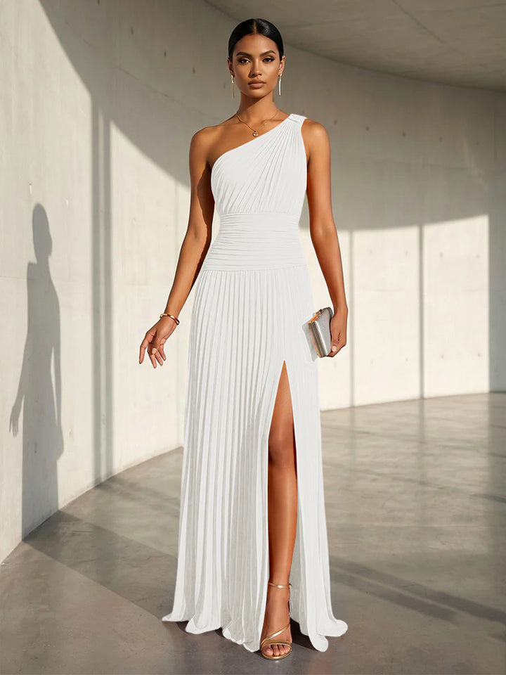 Chiffon A Line One Shoulder Slit Formal Dresses