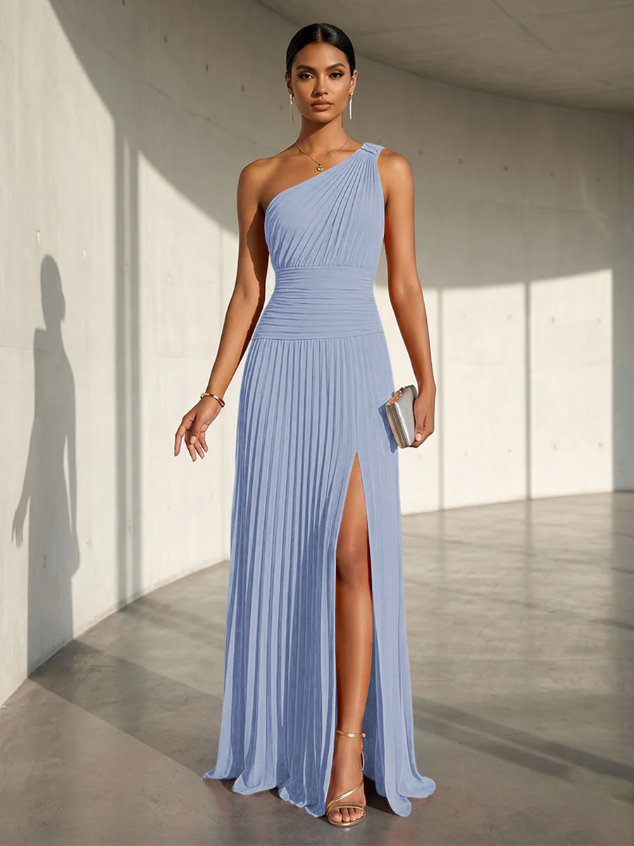 Chiffon A Line One Shoulder Slit Formal Dresses
