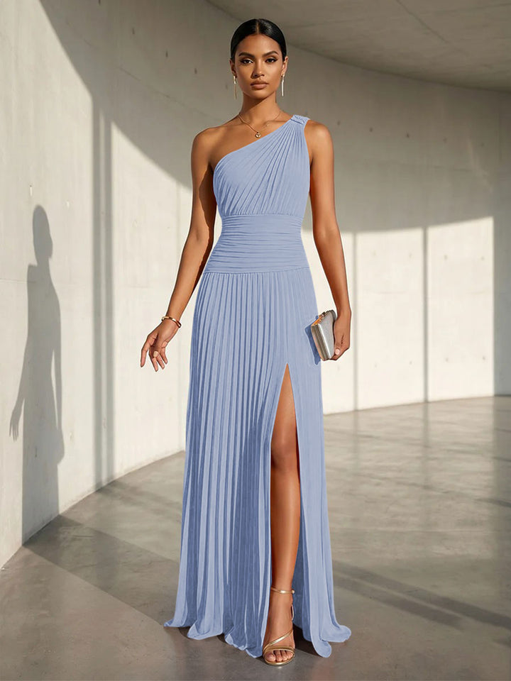 Chiffon A Line One Shoulder Slit Formal Dresses