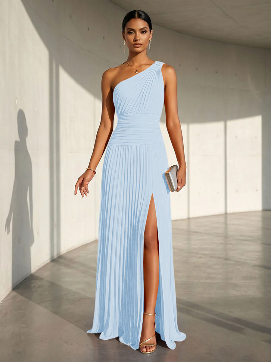 Chiffon A Line One Shoulder Slit Formal Dresses