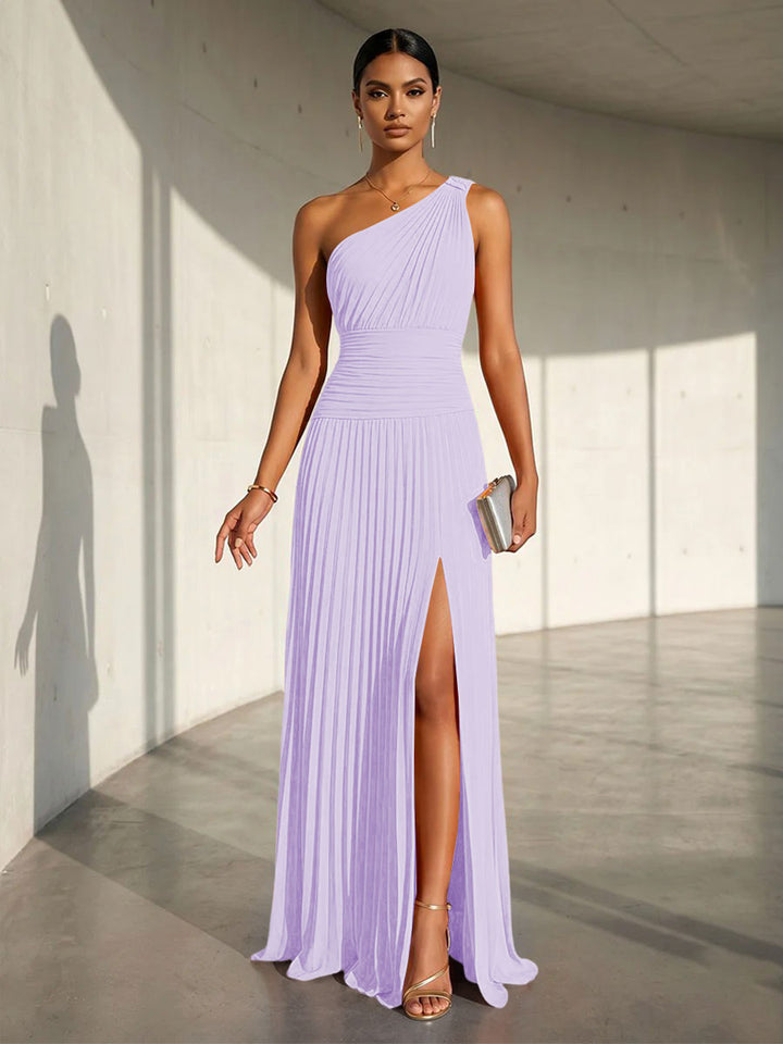 Chiffon A Line One Shoulder Slit Formal Dresses