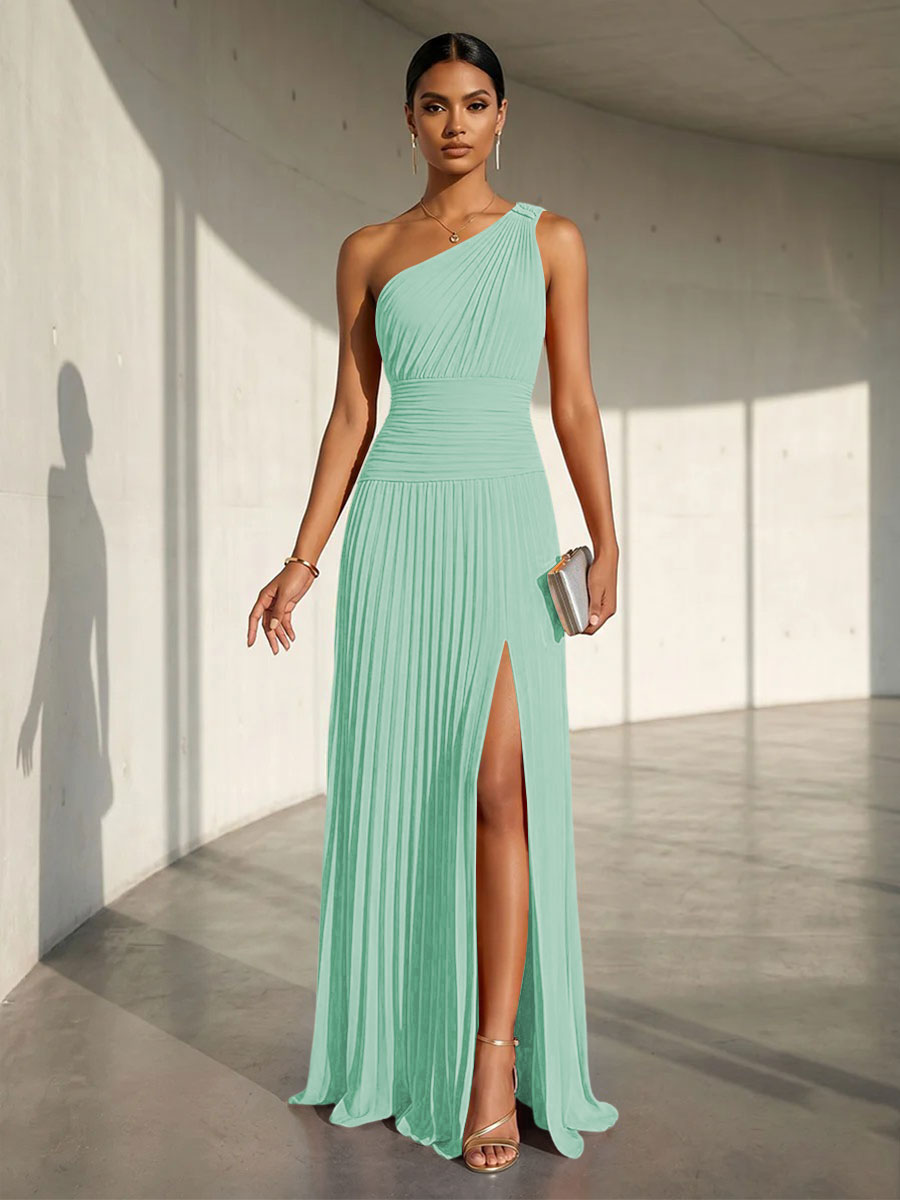 Chiffon A Line One Shoulder Slit Formal Dresses