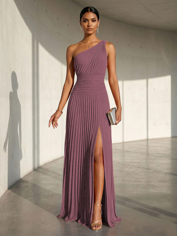 Chiffon A Line One Shoulder Slit Formal Dresses
