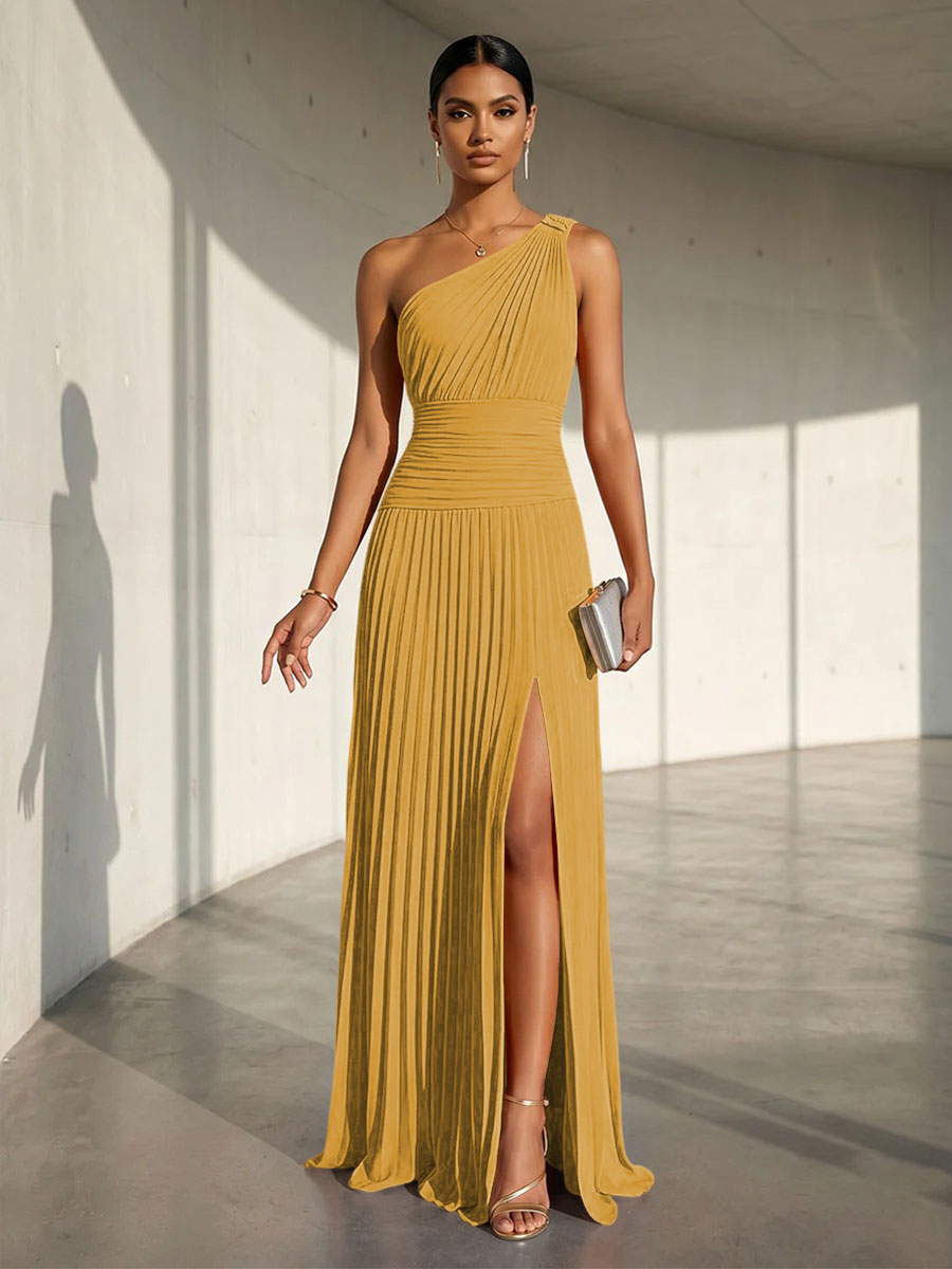 Chiffon A Line One Shoulder Slit Formal Dresses