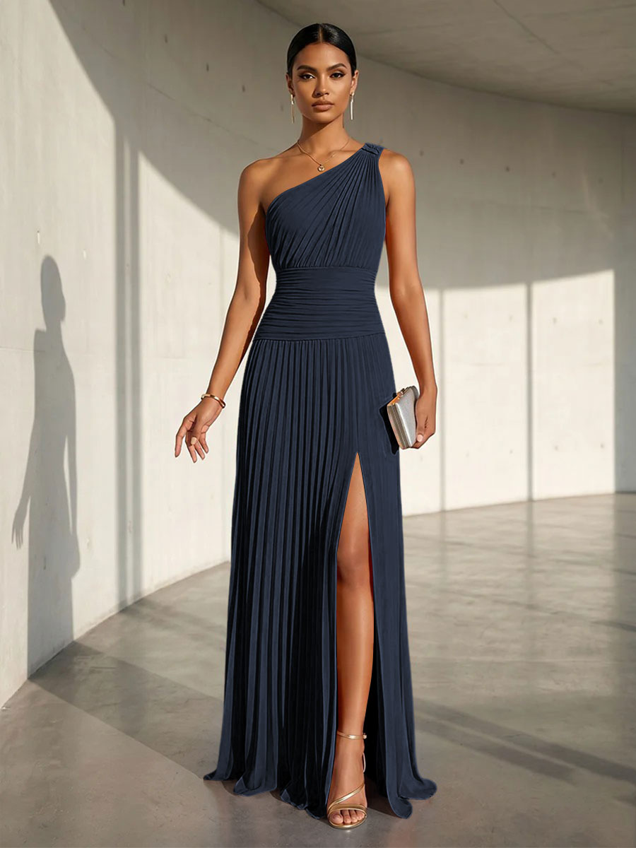 Chiffon A Line One Shoulder Slit Formal Dresses