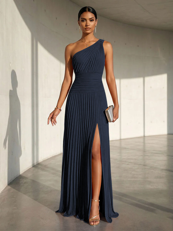 Chiffon A Line One Shoulder Slit Formal Dresses