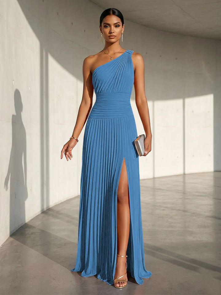 Chiffon A Line One Shoulder Slit Formal Dresses