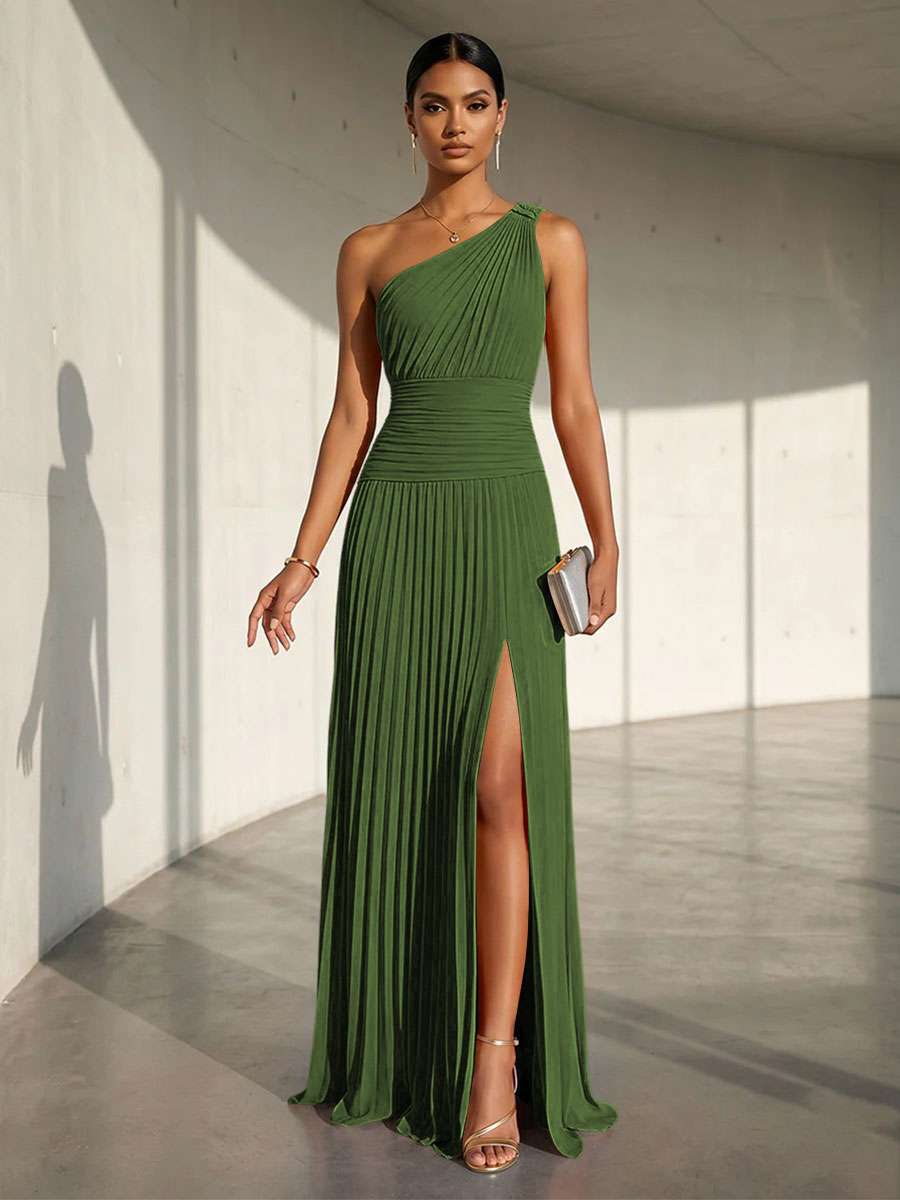 Chiffon A Line One Shoulder Slit Formal Dresses