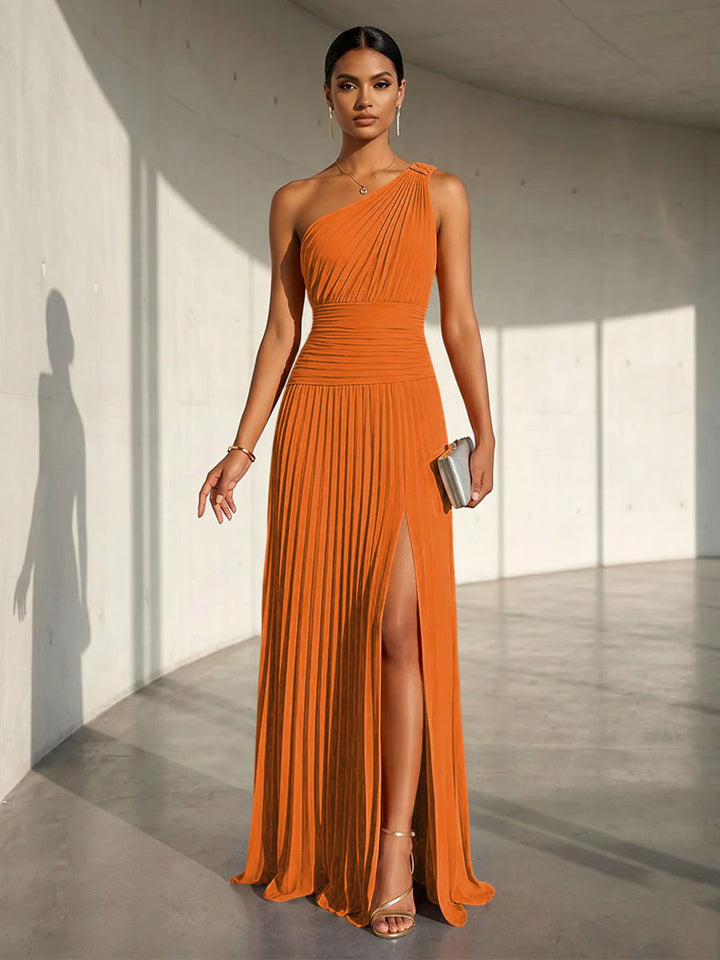 Chiffon A Line One Shoulder Slit Formal Dresses