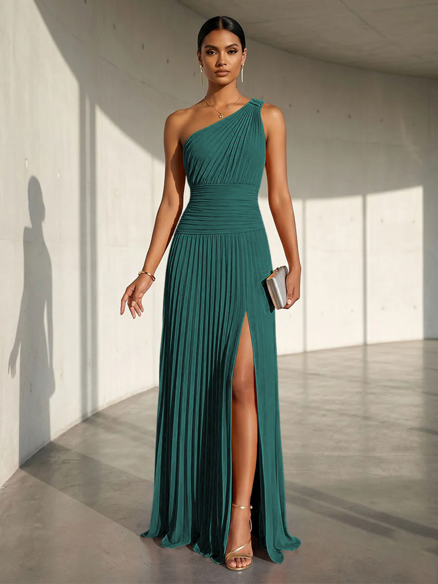 Chiffon A Line One Shoulder Slit Formal Dresses