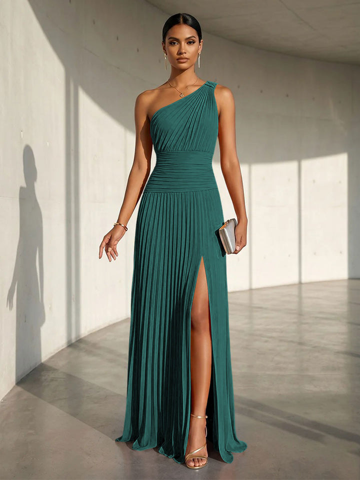 Chiffon A Line One Shoulder Slit Formal Dresses