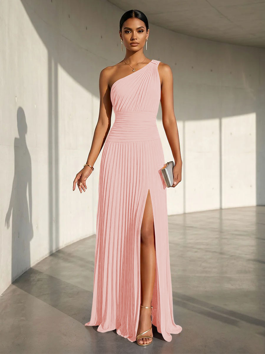 Chiffon A Line One Shoulder Slit Formal Dresses