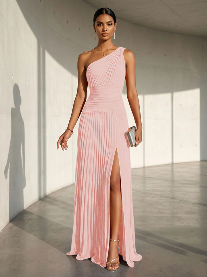 Chiffon A Line One Shoulder Slit Formal Dresses