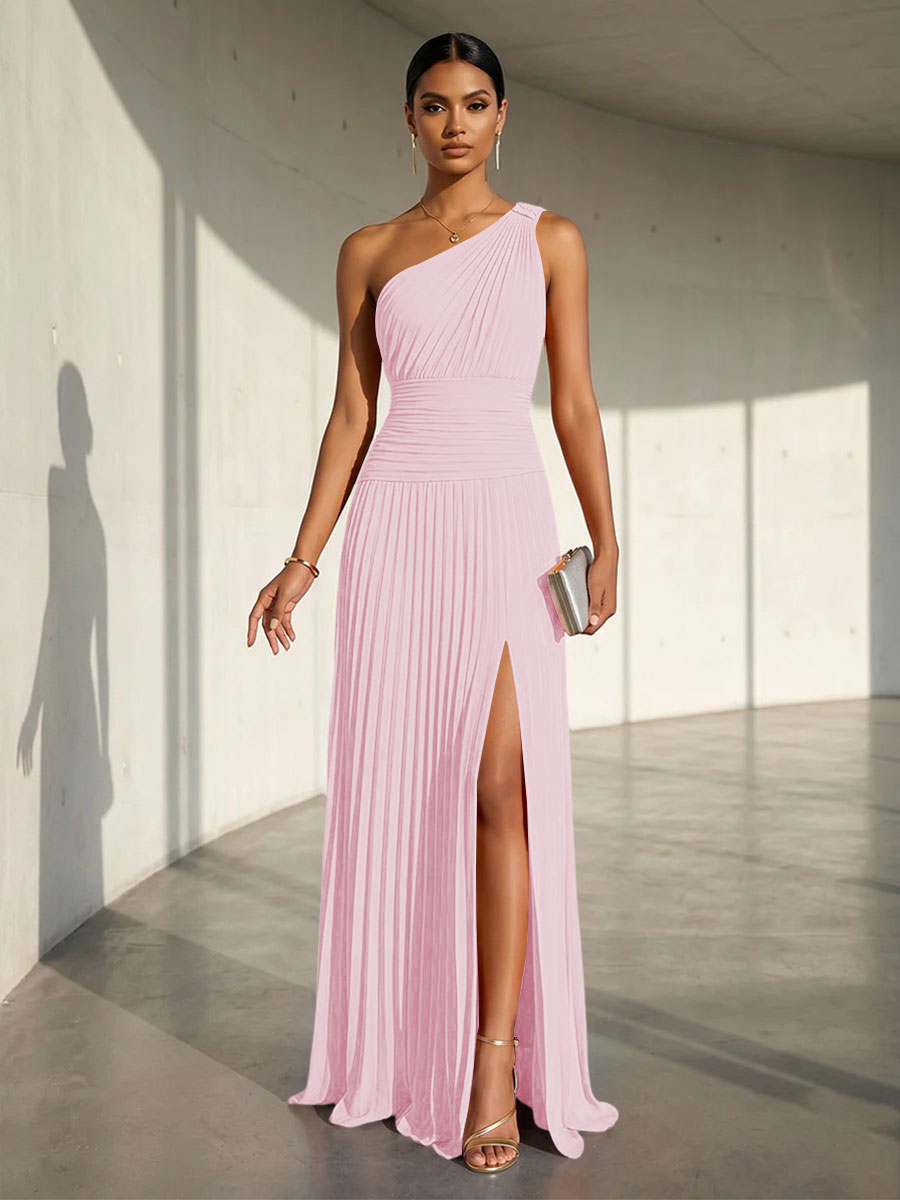 Chiffon A Line One Shoulder Slit Formal Dresses