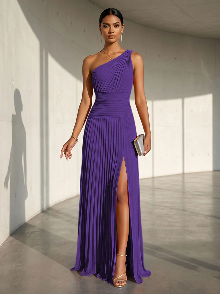 Chiffon A Line One Shoulder Slit Formal Dresses