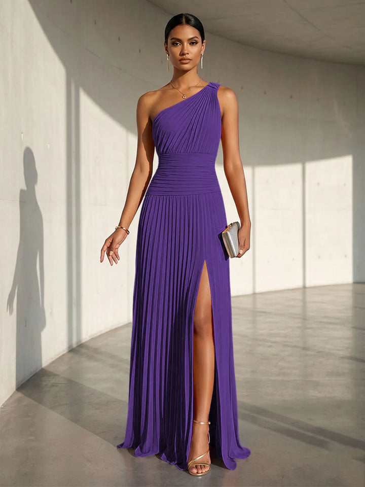 Chiffon A Line One Shoulder Slit Formal Dresses