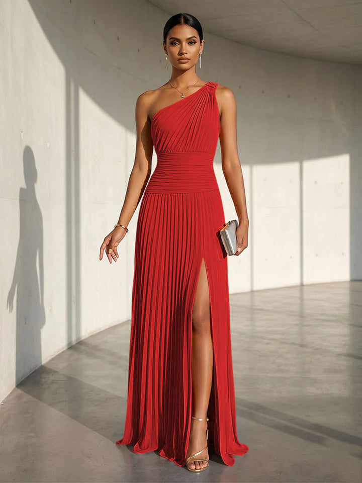 Chiffon A Line One Shoulder Slit Formal Dresses