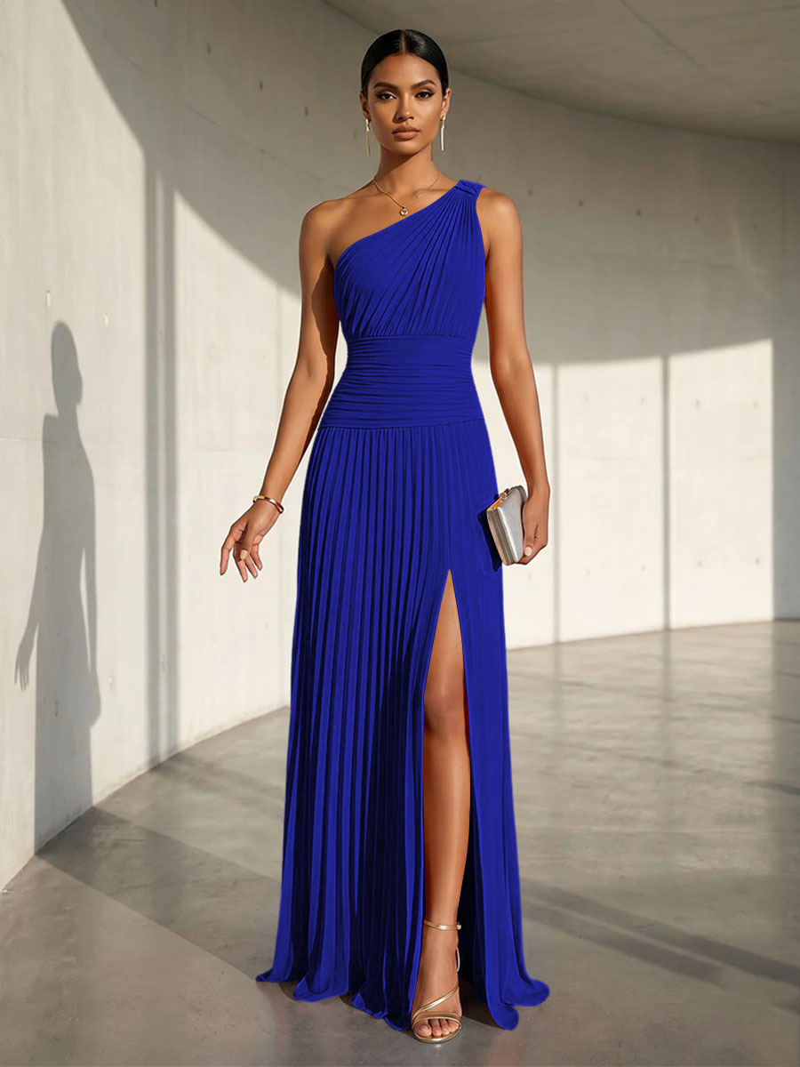 Chiffon A Line One Shoulder Slit Formal Dresses