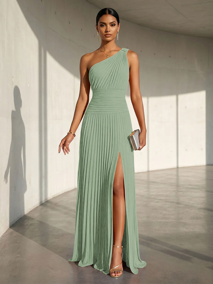 Chiffon A Line One Shoulder Slit Formal Dresses