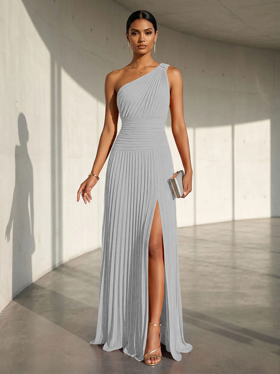 Chiffon A Line One Shoulder Slit Formal Dresses