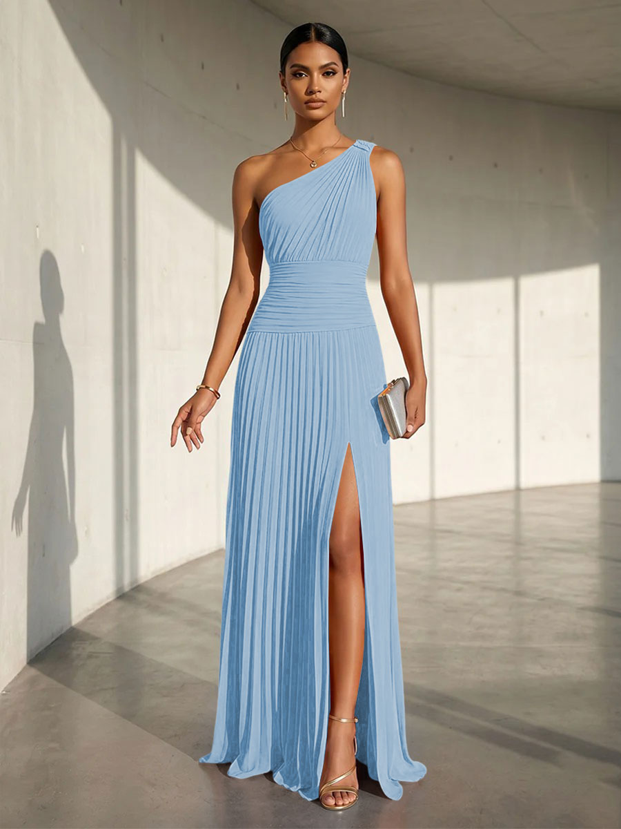 Chiffon A Line One Shoulder Slit Formal Dresses