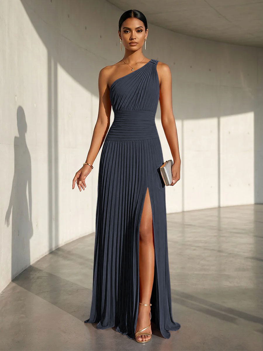 Chiffon A Line One Shoulder Slit Formal Dresses