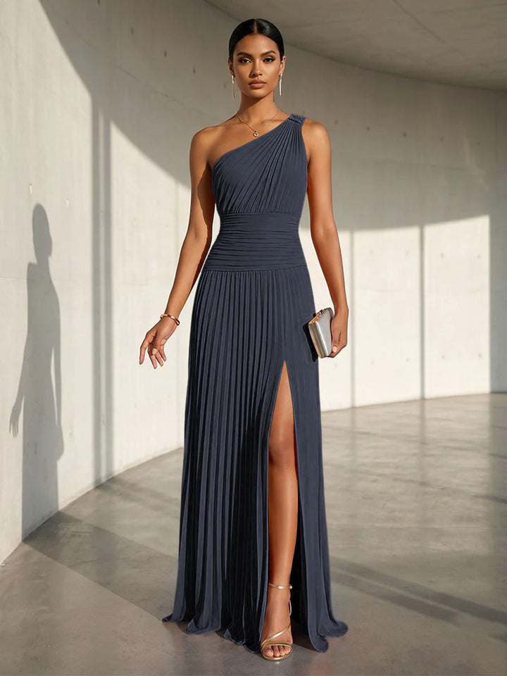 Chiffon A Line One Shoulder Slit Formal Dresses