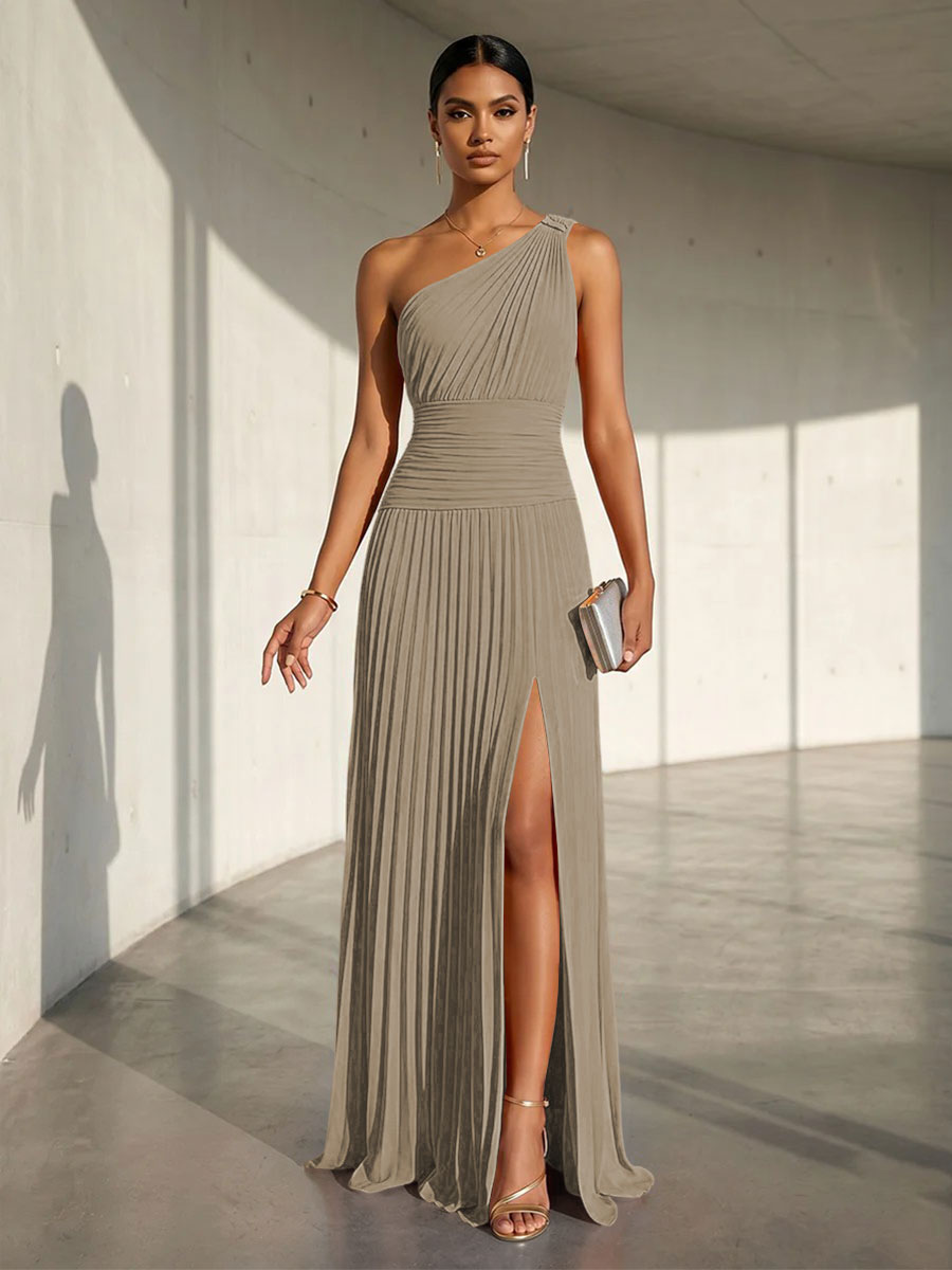 Chiffon A Line One Shoulder Slit Formal Dresses