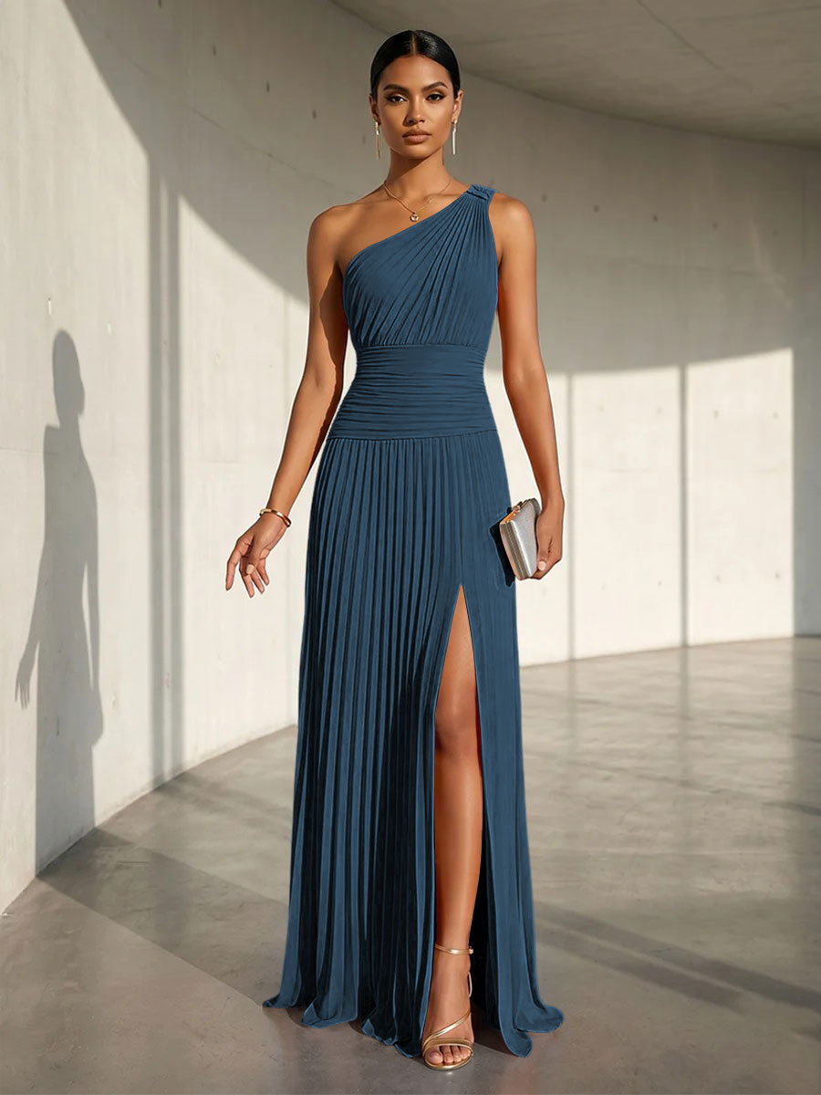 Chiffon A Line One Shoulder Slit Formal Dresses