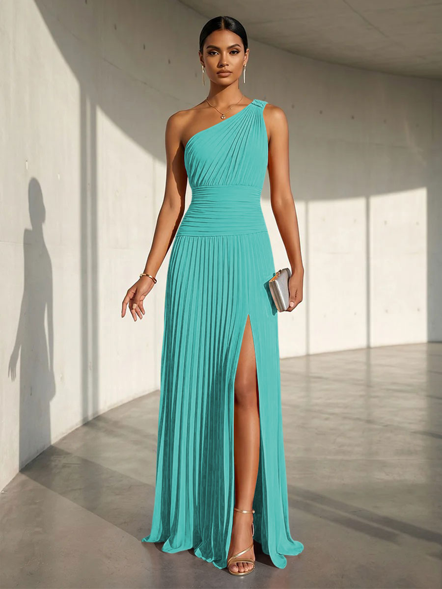 Chiffon A Line One Shoulder Slit Formal Dresses