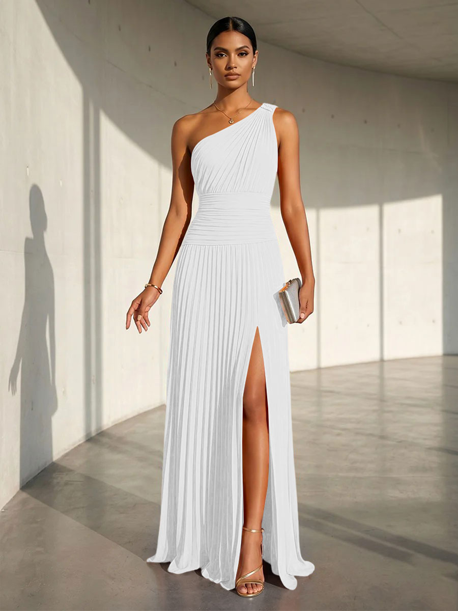Chiffon A Line One Shoulder Slit Formal Dresses