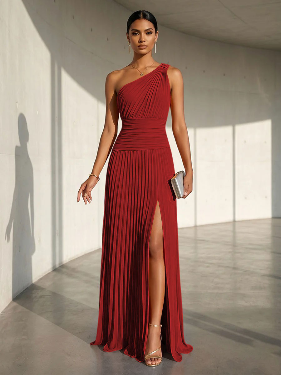 Chiffon A Line One Shoulder Slit Formal Dresses