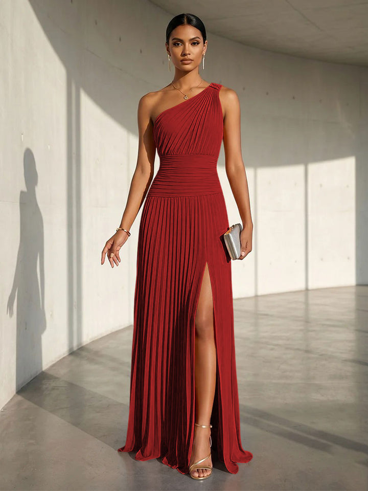 Chiffon A Line One Shoulder Slit Formal Dresses