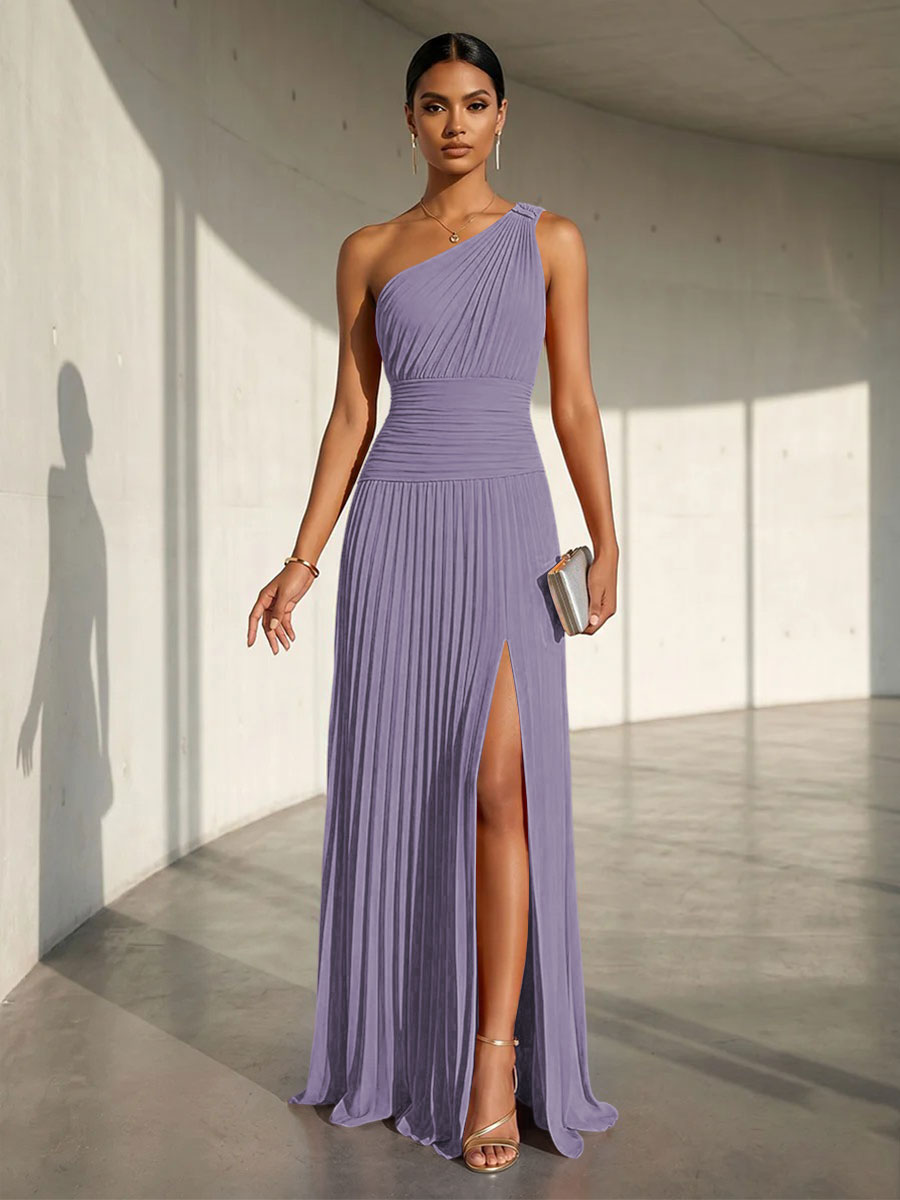 Chiffon A Line One Shoulder Slit Formal Dresses