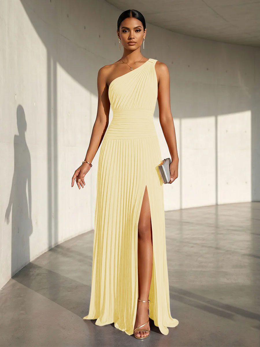 Chiffon A Line One Shoulder Slit Formal Dresses