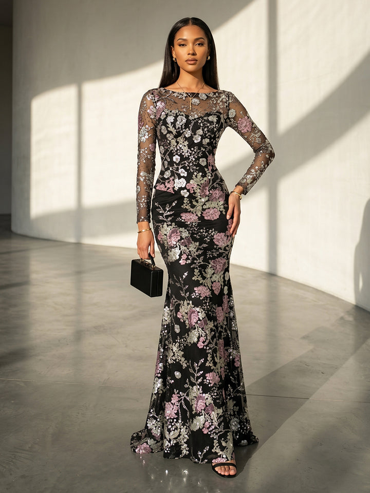 Tulle Floral Embroidery Mermaid Scoop Neck Evening Dresses
