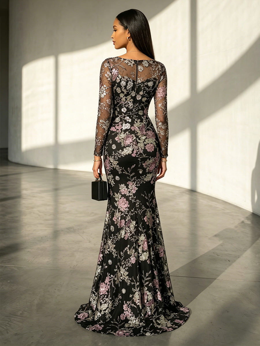 Tulle Floral Embroidery Mermaid Scoop Neck Evening Dresses