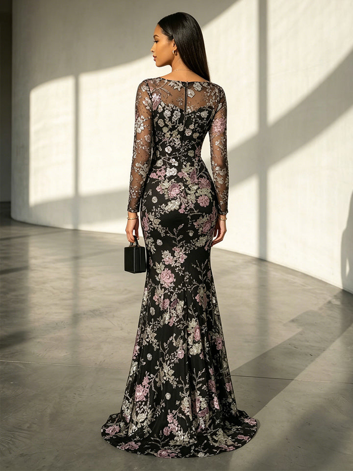 Tulle Floral Embroidery Mermaid Scoop Neck Evening Dresses