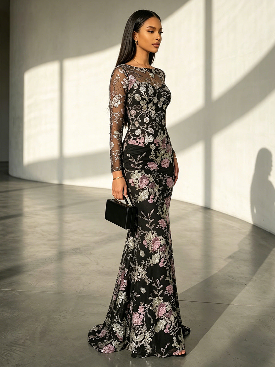 Tulle Floral Embroidery Mermaid Scoop Neck Evening Dresses