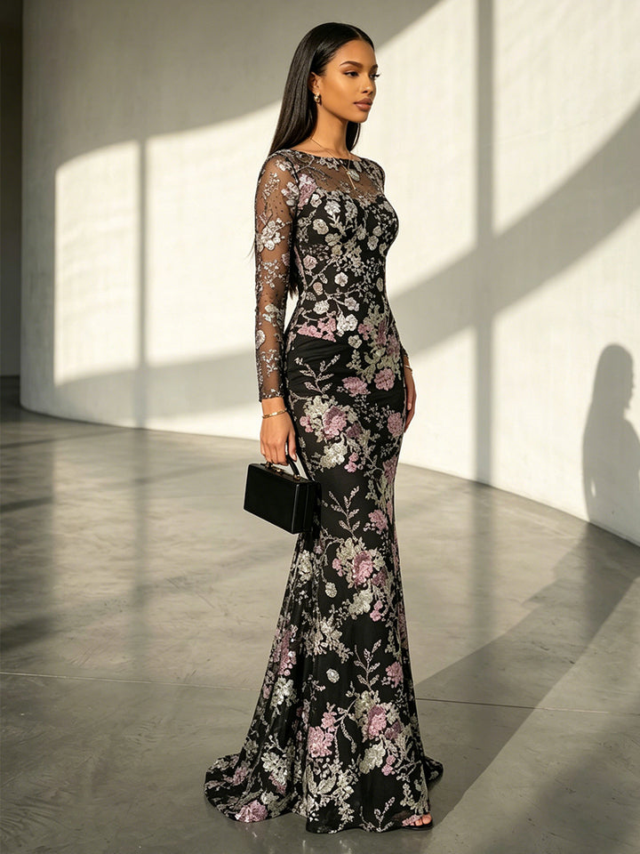 Tulle Floral Embroidery Mermaid Scoop Neck Evening Dresses