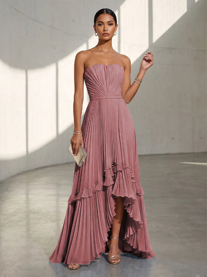 Chiffon A Line Strapless Pleats Formal Dresses